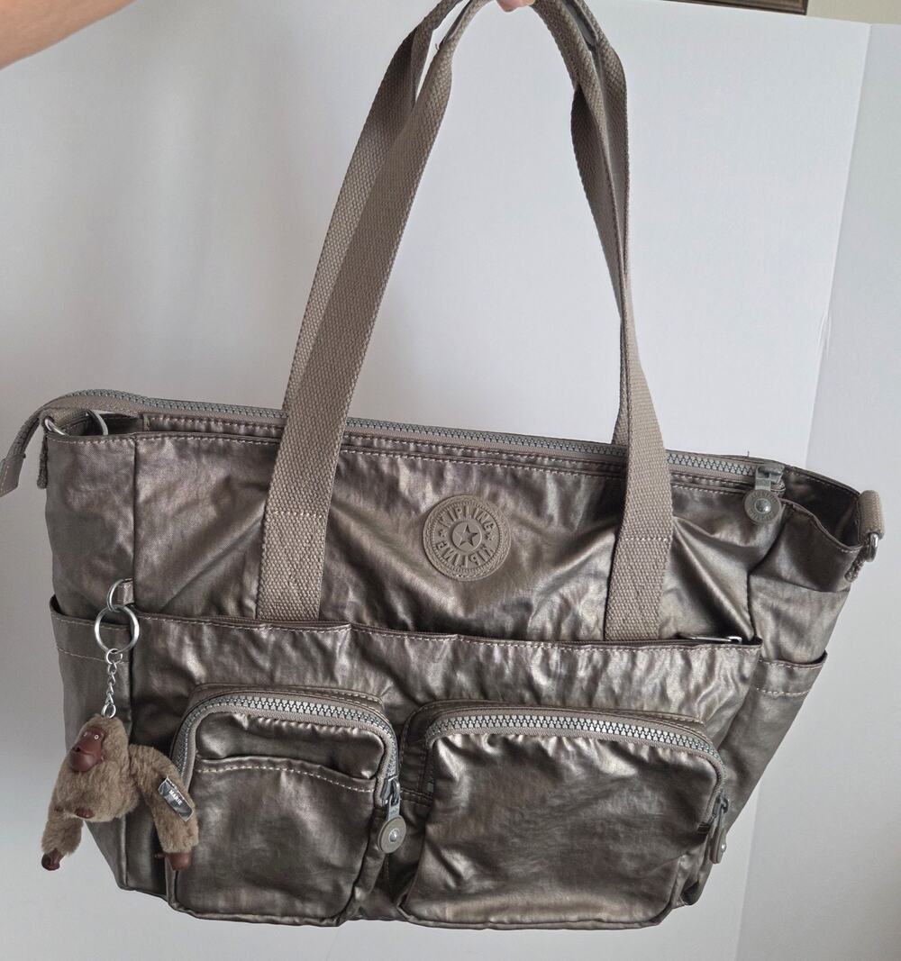 Kipling Cyrene Travel Tote Bag Satchel Metallic Bronze Gold Multi Pocket Plush